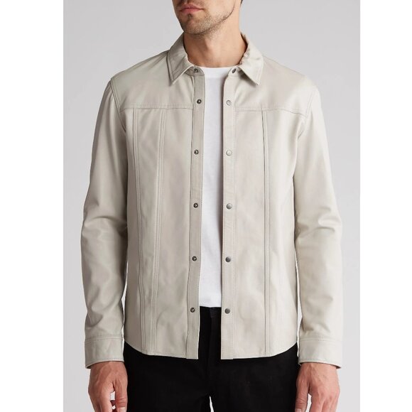 John Varvatos Collection Men's Sheepskin Leather Snap Front Shirt Jacket Grey - Picture 1 of 4